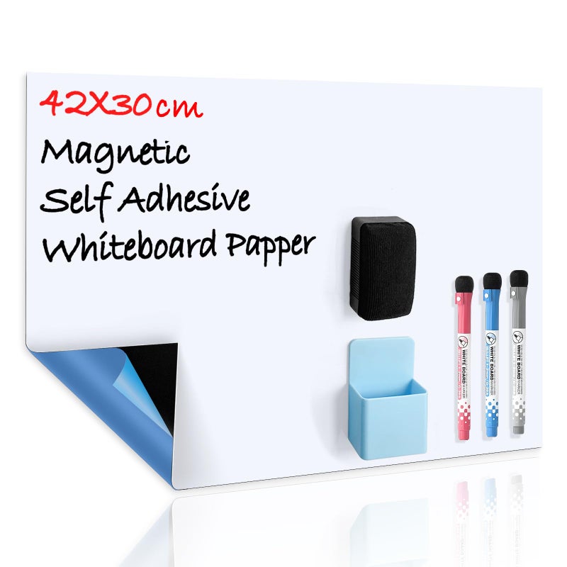 CUHIOY Dry Erase Self Adhesive Magnetic Whiteboard Sticker on Any Smooth Surface, Stain Resistant 17x12 Fridge Whtieboard Magnet Sheet, Used as Weekly Meal Planner Reminder Notice 3 Marker Pens - Image 1